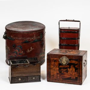 Four Asian Wood, Lacquer, and Leather Items