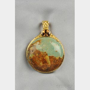 18kt Gold, Chinese Turquoise, and Brown Zircon Pendant, Katy Briscoe