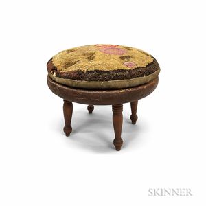 Country Red-painted Turned Pine Stool with Hooked Cushion. 