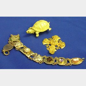 18kt Gold Turtle Brooch, 18kt Gold Cross Pendant and a 14kt Gold Novelty Bracelet.