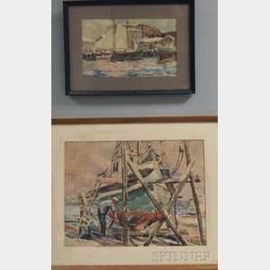 Lars Thorsen (American, 1877-1952) Two Framed Watercolors: Painting the Hull