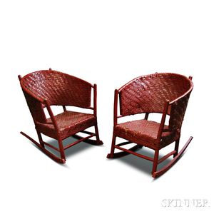 Pair of Adirondack-style Red-painted Wicker Rocking Chairs