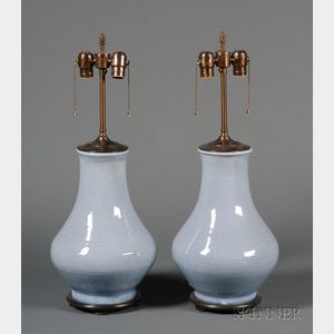 Pair of Blue Crackle-glazed Porcelain Lamp Bases