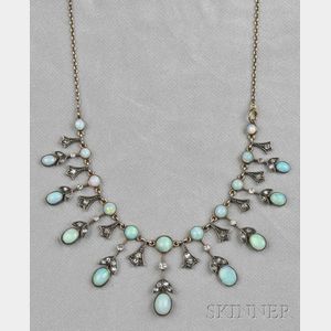 Art Nouveau Opal Doublet and Diamond Fringe Necklace