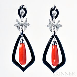 18kt White Gold, Onyx, and Coral Earpendants