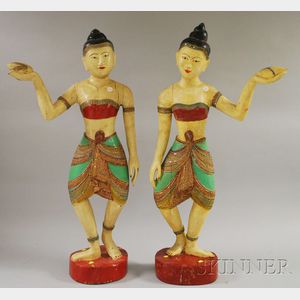 Pair of Asian Carved and Painted Wooden Figures