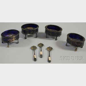 Set of Four Reticulated English Silver Cobalt Glass-lined Master Salts