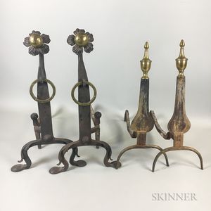 Pair of Wrought Iron and Brass Urn-top Knife-blade Andirons and a Pair of Floriform Andirons