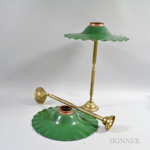 Pair of Brass Hanging Lights with Green Enameled Shades