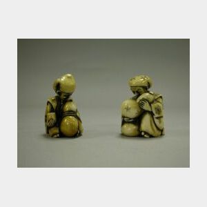 Two Japanese Carved Ivory Nodder Netsuke.