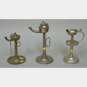 Three European Standing Pewter Wick Support Lamps