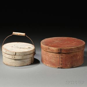 Two Painted Round Wooden Lapped-seam Covered Storage Boxes