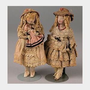 Two Small Early Handmade Cloth Dolls