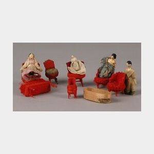 Seven Tiny Wooden Grodnertal Dolls with Red Wool Pin Furniture