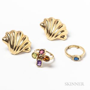 14kt Gold Earrings and Two 14kt Gold Gem-set Rings