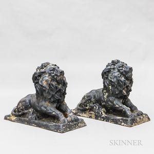 Pair of Painted Cast Iron Lion Garden Statues