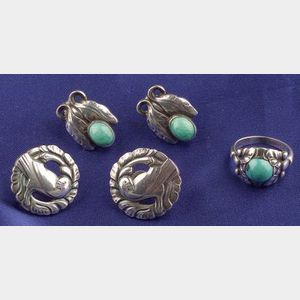 Sterling Silver and Turquoise Earstuds and Ring, Georg Jensen