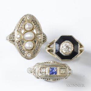 Three Art Deco White Gold Rings