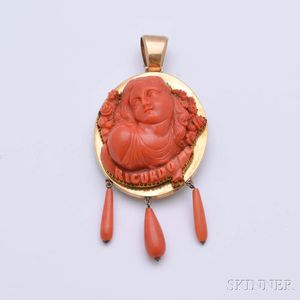 Victorian 14kt Gold and Coral Cameo Pendant