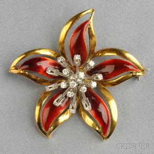 18kt Gold, Enamel, and Diamond Flower Brooch, Tiffany & Co.