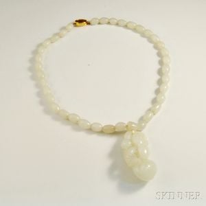 Carved White Jade Necklace and Pendant