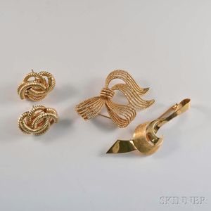 Two Gold Brooches and a Pair of 14kt Gold Earrings