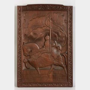 Arts and Crafts Carved Wooden Medieval Horseman Plaque.