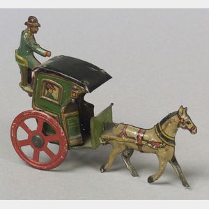 Meier Lithographed Tin Horse Drawn Hansom Cab Penny Toy