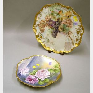 Hand-painted Rose Decorated Limoges Porcelain Plaque and an A.B. Hoppey Hand-painted Grapevine Decorated Shaped...