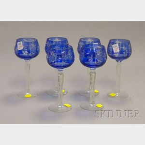Set of Six Cobalt Cut-to-Clear Glass Wine Stems.