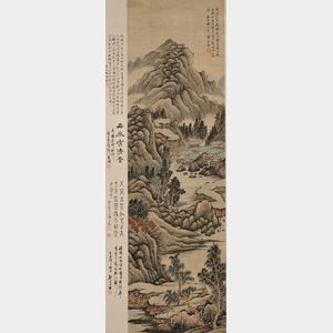 Hand Scroll Depicting a Mountain Landscape with Dwellings