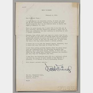 Disney, Walt (1901-1966) Typed Letter Signed 5 February 1952.