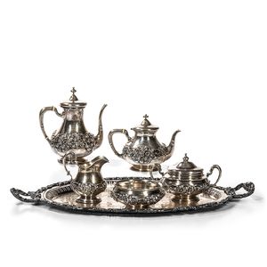 Five-piece Gorham Sterling Silver Tea and Coffee Service & Silver-plated Tray