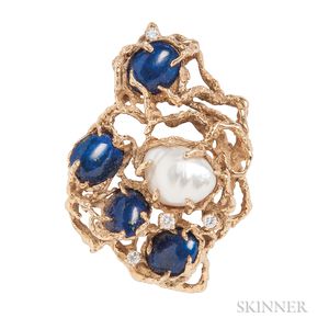 18kt Gold, Baroque South Sea Pearl, Lapis, and Diamond Brooch, Arthur King