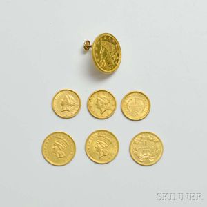 Six U.S. $1 Gold Coins and an 1857 $2.50 Gold Coin