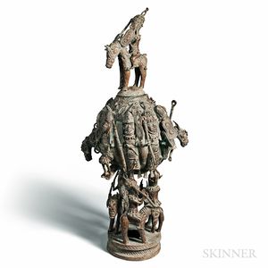 Bamileke-style Bronze Figural Lidded Vessel