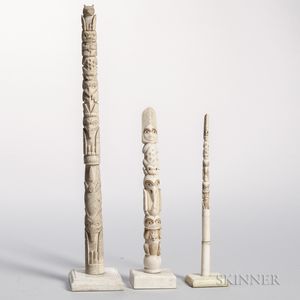 Three Bone and/or Walrus Tusk Miniature Totem Poles