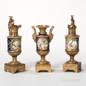 Sevres-style Porcelain and Dore Bronze Three-piece Garniture
