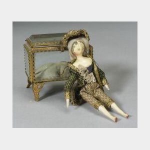 Small Grodnertal Wooden Doll in Fancy Dress with Jewel Case