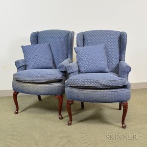 Pair of Queen Anne-style Upholstered Cherry Wing Chairs