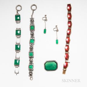 Group of Green Onyx Jewelry and a Gilt Sterling Silver and Enamel Bracelet