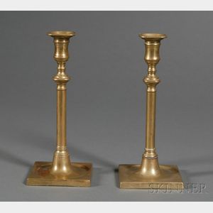 Pair of Brass Candlesticks with Square Dished Bases