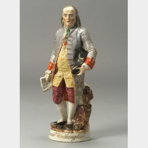 Polychrome Enamel Decorated Staffordshire Pottery Figure of Benjamin Franklin