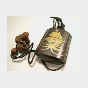 Japanese Gilt Lacquer Inro and Carved Wooden Netsuke.
