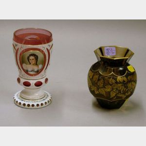 Gilt Decorated Smokey Amber Glass Vase and a Hand-painted Portrait and Floral Decorated White Cut to Cranberry Glass Vase