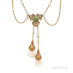 Art Nouveau Gold and Baroque Freshwater Pearl Necklace