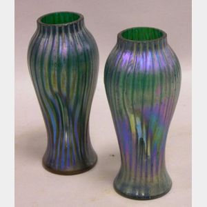 Pair of Bohemian Iridescent Blue Art Glass Vases.