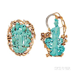 Two Gold Reconstituted Turquoise Brooches