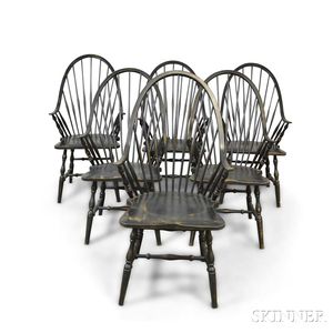 Six Modern Black-painted Continuous Arm Windsor Dining Chairs