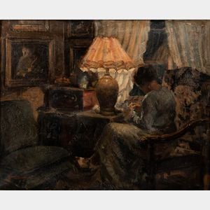 Carl Hornung-Jensen (Danish, 1882-1960) Woman Sewing by Lamplight in an Interior
